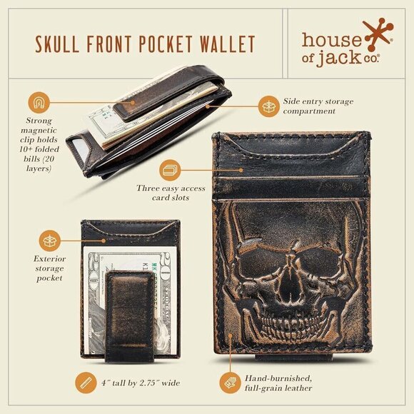 Men Brown SKULL Front Pocket Wallet Money Clip Strong Magnetic Clip Slim Wallet - Picture 3 of 7
